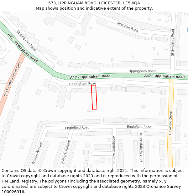 573, UPPINGHAM ROAD, LEICESTER, LE5 6QA: Location map and indicative extent of plot