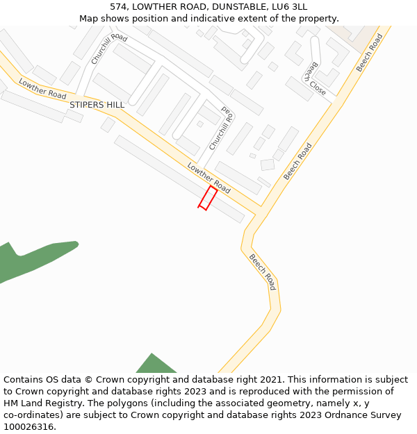 574, LOWTHER ROAD, DUNSTABLE, LU6 3LL: Location map and indicative extent of plot