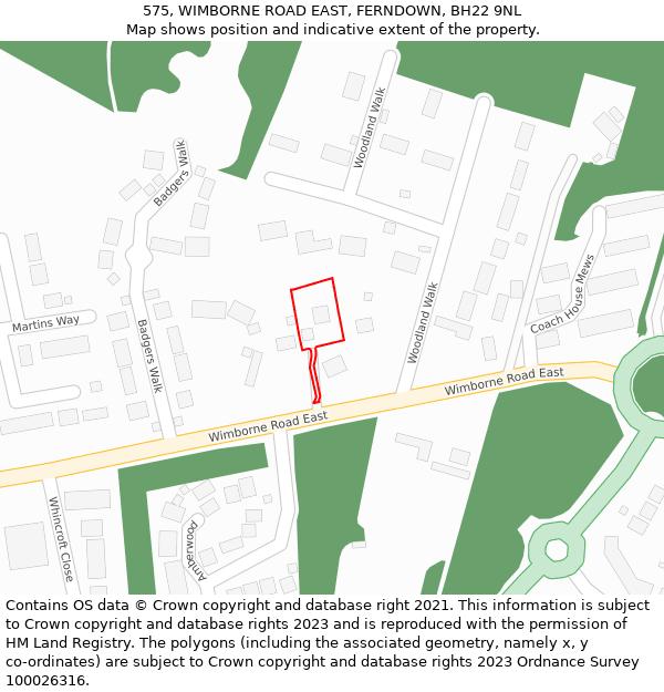 575, WIMBORNE ROAD EAST, FERNDOWN, BH22 9NL: Location map and indicative extent of plot