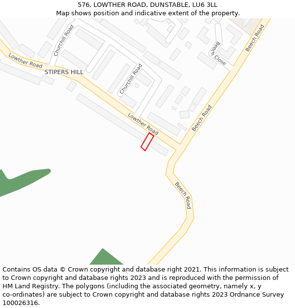 576, LOWTHER ROAD, DUNSTABLE, LU6 3LL: Location map and indicative extent of plot