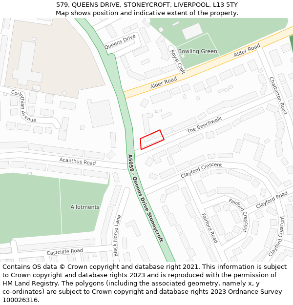 579, QUEENS DRIVE, STONEYCROFT, LIVERPOOL, L13 5TY: Location map and indicative extent of plot