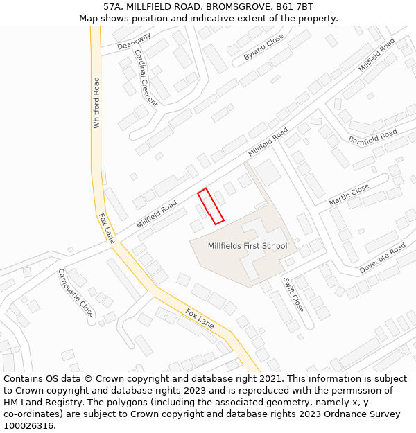 57A, MILLFIELD ROAD, BROMSGROVE, B61 7BT: Location map and indicative extent of plot