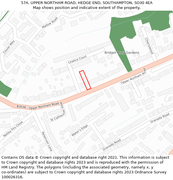 57A, UPPER NORTHAM ROAD, HEDGE END, SOUTHAMPTON, SO30 4EA: Location map and indicative extent of plot