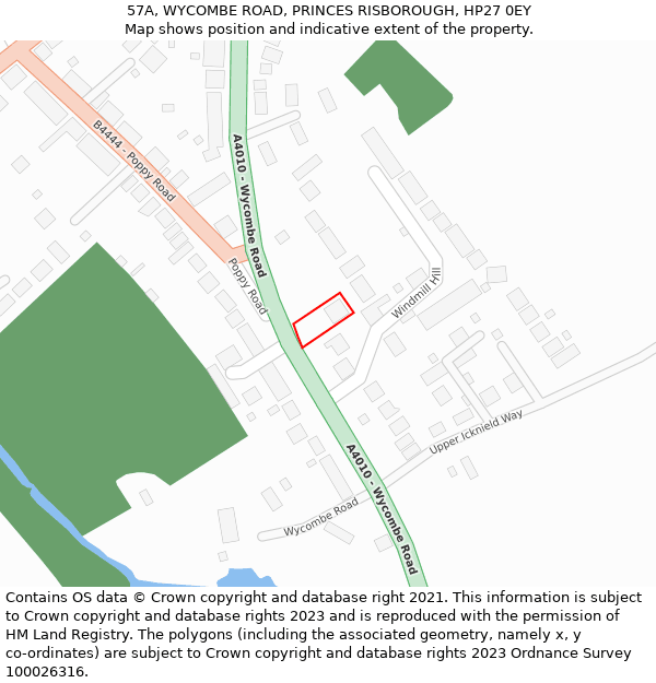 57A, WYCOMBE ROAD, PRINCES RISBOROUGH, HP27 0EY: Location map and indicative extent of plot