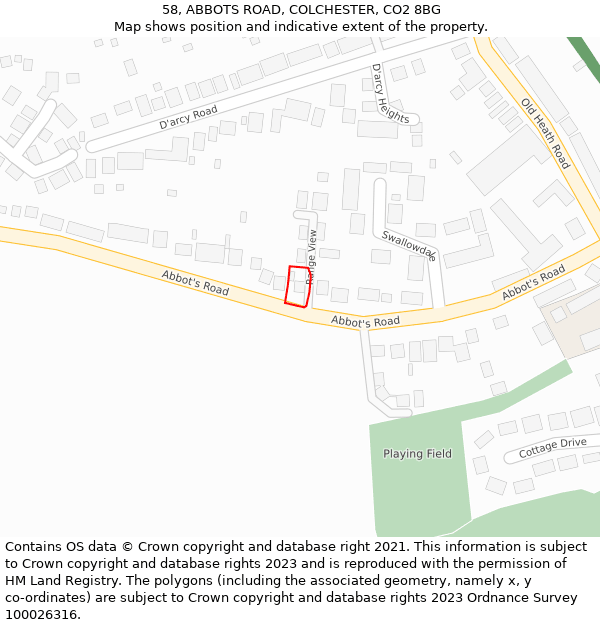 58, ABBOTS ROAD, COLCHESTER, CO2 8BG: Location map and indicative extent of plot
