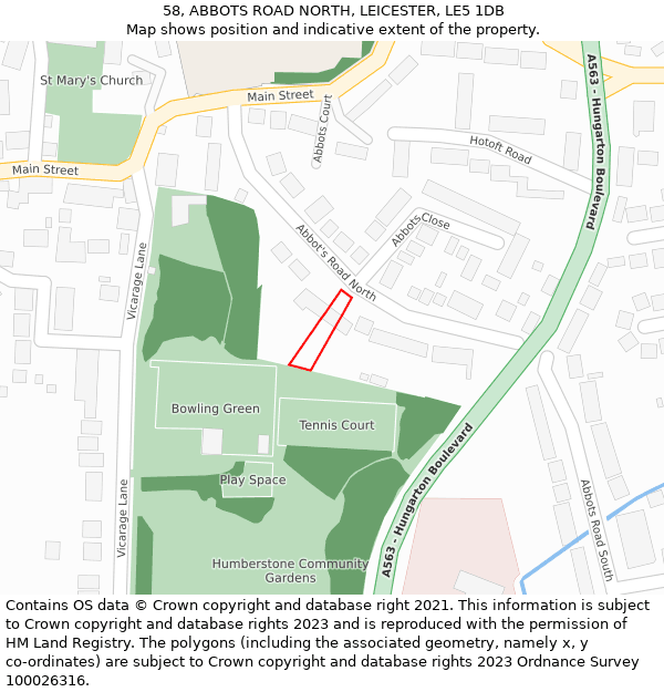 58, ABBOTS ROAD NORTH, LEICESTER, LE5 1DB: Location map and indicative extent of plot