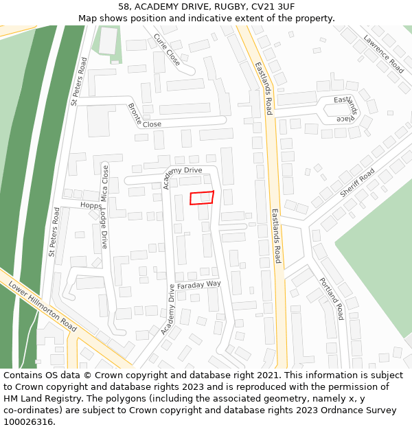 58, ACADEMY DRIVE, RUGBY, CV21 3UF: Location map and indicative extent of plot