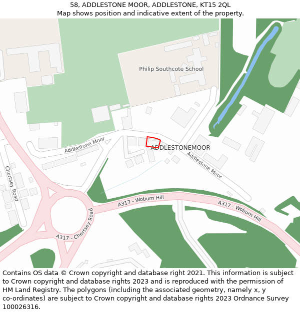 58, ADDLESTONE MOOR, ADDLESTONE, KT15 2QL: Location map and indicative extent of plot