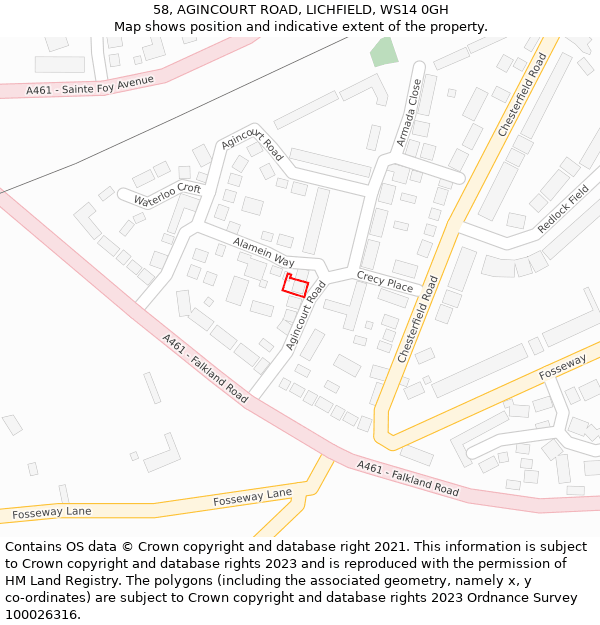 58, AGINCOURT ROAD, LICHFIELD, WS14 0GH: Location map and indicative extent of plot