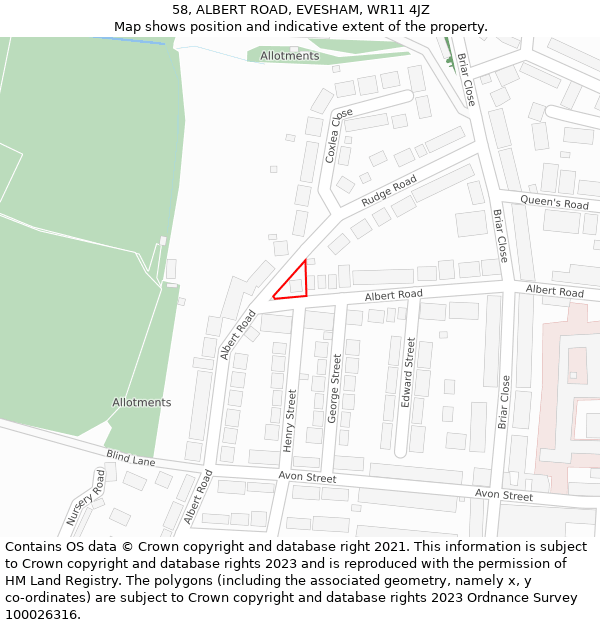 58, ALBERT ROAD, EVESHAM, WR11 4JZ: Location map and indicative extent of plot