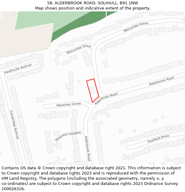 58, ALDERBROOK ROAD, SOLIHULL, B91 1NW: Location map and indicative extent of plot