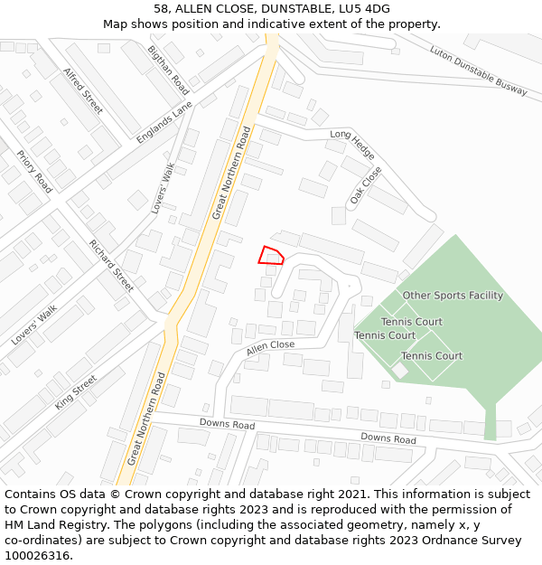 58, ALLEN CLOSE, DUNSTABLE, LU5 4DG: Location map and indicative extent of plot