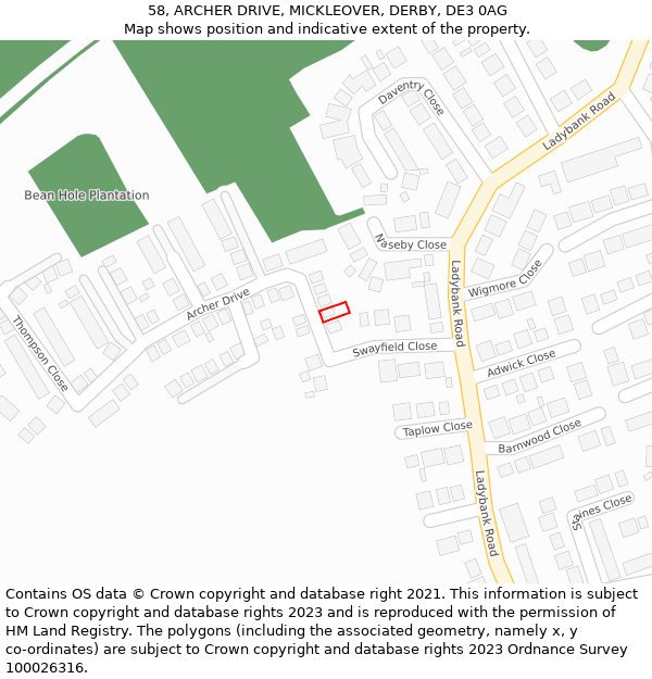 58, ARCHER DRIVE, MICKLEOVER, DERBY, DE3 0AG: Location map and indicative extent of plot