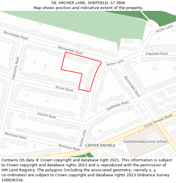 58, ARCHER LANE, SHEFFIELD, S7 2BW: Location map and indicative extent of plot