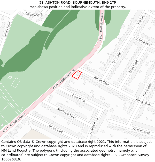 58, ASHTON ROAD, BOURNEMOUTH, BH9 2TP: Location map and indicative extent of plot