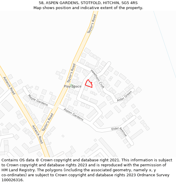 58, ASPEN GARDENS, STOTFOLD, HITCHIN, SG5 4RS: Location map and indicative extent of plot