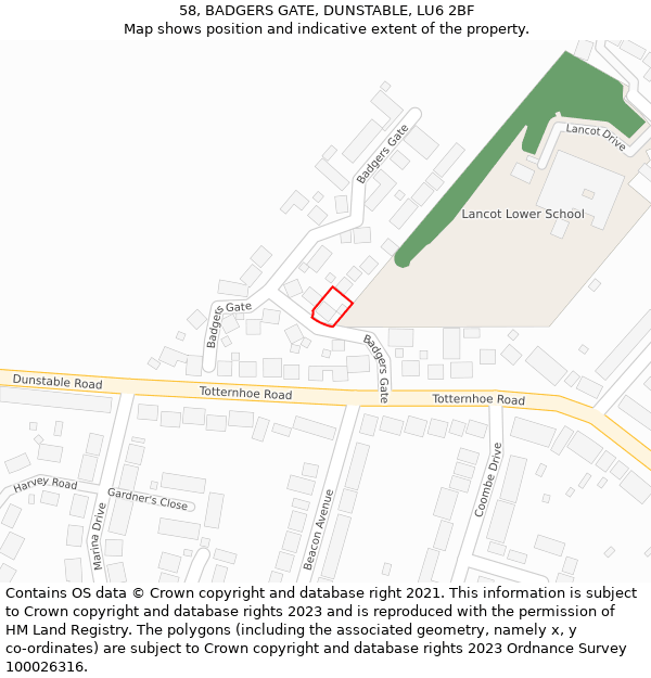 58, BADGERS GATE, DUNSTABLE, LU6 2BF: Location map and indicative extent of plot