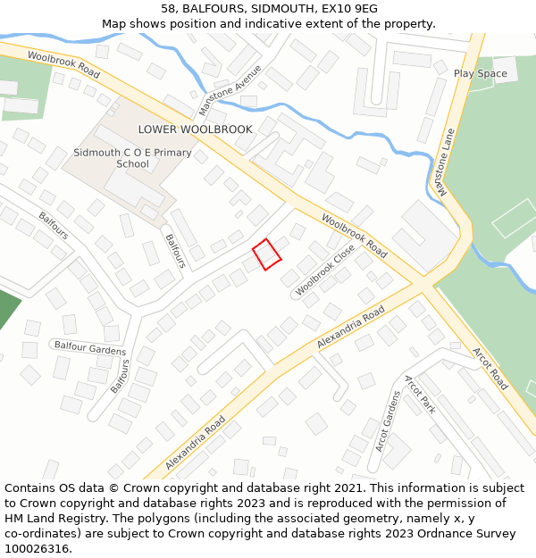 58, BALFOURS, SIDMOUTH, EX10 9EG: Location map and indicative extent of plot