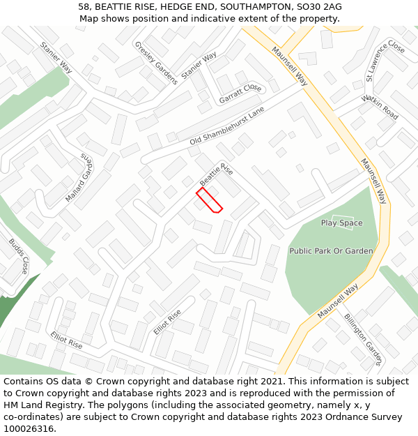 58, BEATTIE RISE, HEDGE END, SOUTHAMPTON, SO30 2AG: Location map and indicative extent of plot