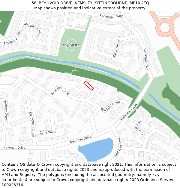 58, BEAUVOIR DRIVE, KEMSLEY, SITTINGBOURNE, ME10 2TQ: Location map and indicative extent of plot