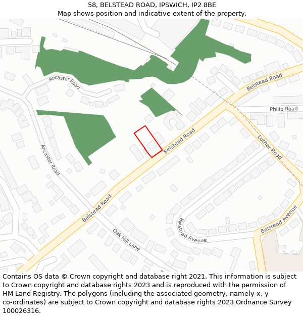 58, BELSTEAD ROAD, IPSWICH, IP2 8BE: Location map and indicative extent of plot