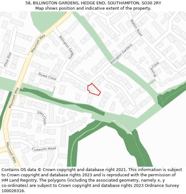 58, BILLINGTON GARDENS, HEDGE END, SOUTHAMPTON, SO30 2RY: Location map and indicative extent of plot