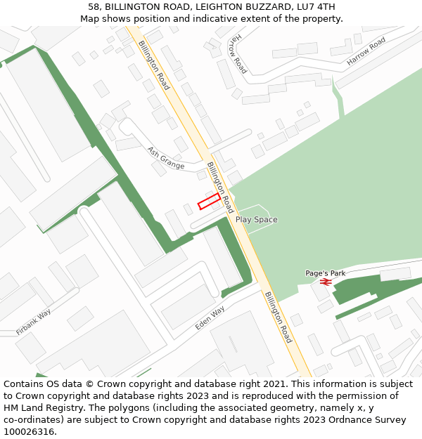 58, BILLINGTON ROAD, LEIGHTON BUZZARD, LU7 4TH: Location map and indicative extent of plot