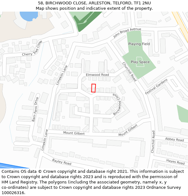 58, BIRCHWOOD CLOSE, ARLESTON, TELFORD, TF1 2NU: Location map and indicative extent of plot