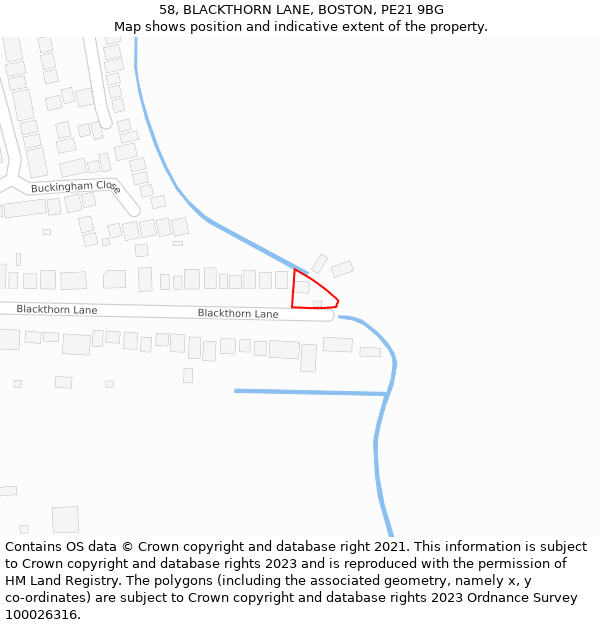 58, BLACKTHORN LANE, BOSTON, PE21 9BG: Location map and indicative extent of plot