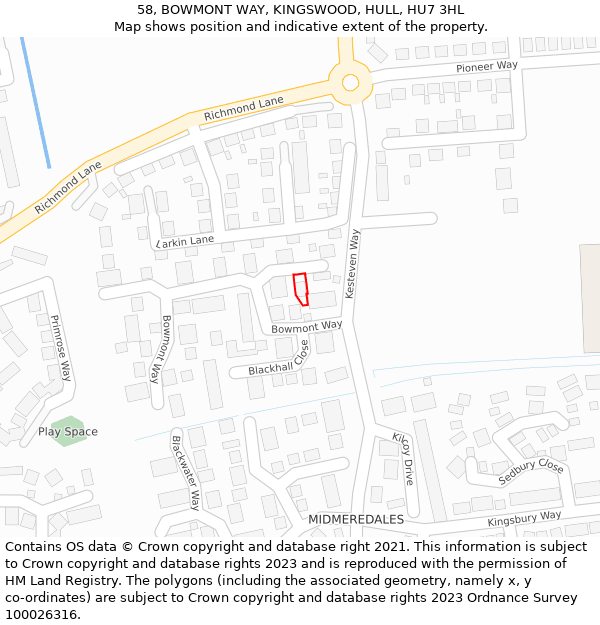 58, BOWMONT WAY, KINGSWOOD, HULL, HU7 3HL: Location map and indicative extent of plot