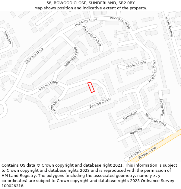 58, BOWOOD CLOSE, SUNDERLAND, SR2 0BY: Location map and indicative extent of plot