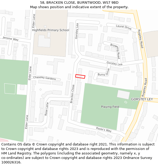 58, BRACKEN CLOSE, BURNTWOOD, WS7 9BD: Location map and indicative extent of plot