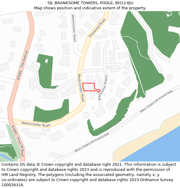 58, BRANKSOME TOWERS, POOLE, BH13 6JU: Location map and indicative extent of plot