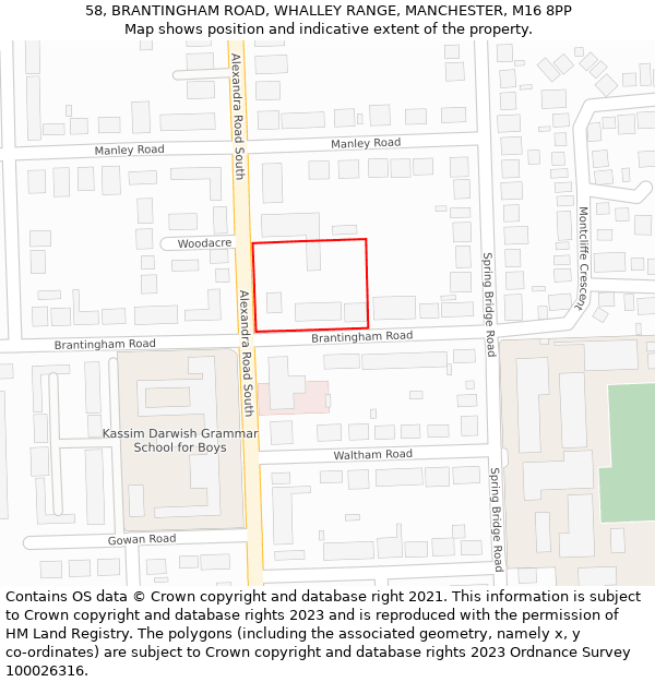 58, BRANTINGHAM ROAD, WHALLEY RANGE, MANCHESTER, M16 8PP: Location map and indicative extent of plot