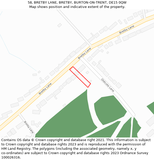 58, BRETBY LANE, BRETBY, BURTON-ON-TRENT, DE15 0QW: Location map and indicative extent of plot