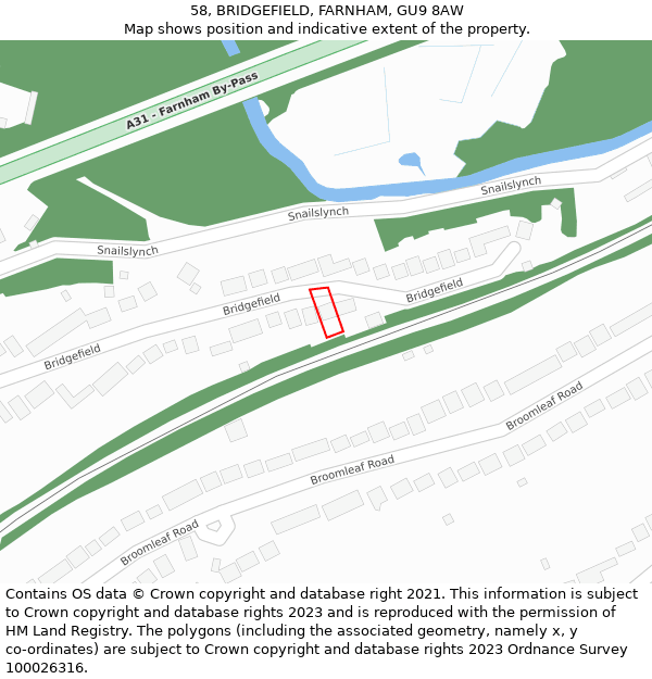 58, BRIDGEFIELD, FARNHAM, GU9 8AW: Location map and indicative extent of plot