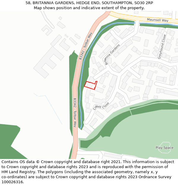 58, BRITANNIA GARDENS, HEDGE END, SOUTHAMPTON, SO30 2RP: Location map and indicative extent of plot