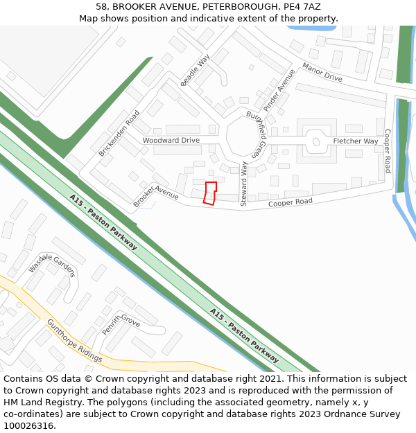 58, BROOKER AVENUE, PETERBOROUGH, PE4 7AZ: Location map and indicative extent of plot