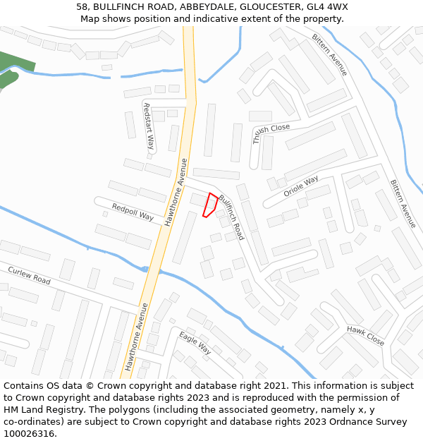 58, BULLFINCH ROAD, ABBEYDALE, GLOUCESTER, GL4 4WX: Location map and indicative extent of plot