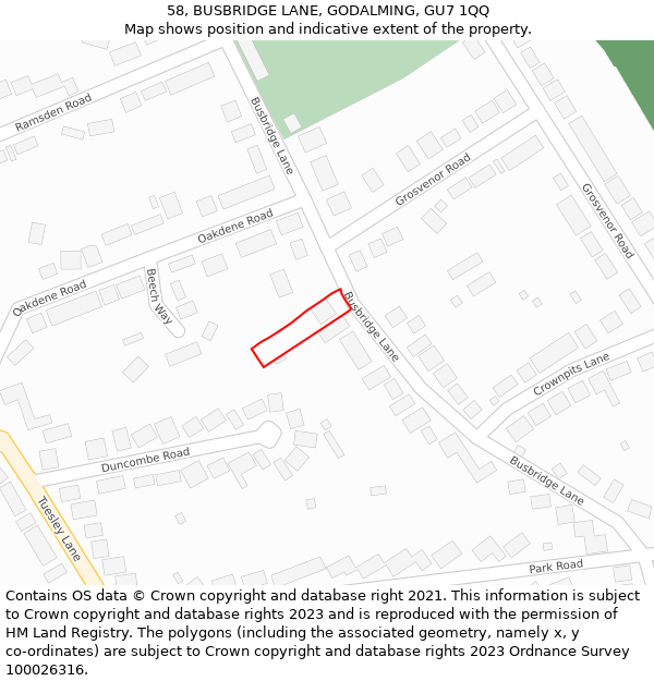 58, BUSBRIDGE LANE, GODALMING, GU7 1QQ: Location map and indicative extent of plot