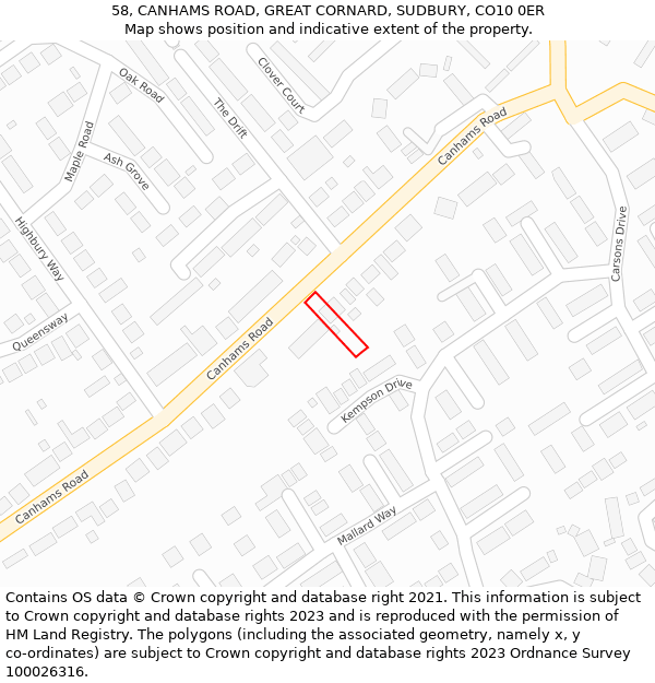 58, CANHAMS ROAD, GREAT CORNARD, SUDBURY, CO10 0ER: Location map and indicative extent of plot