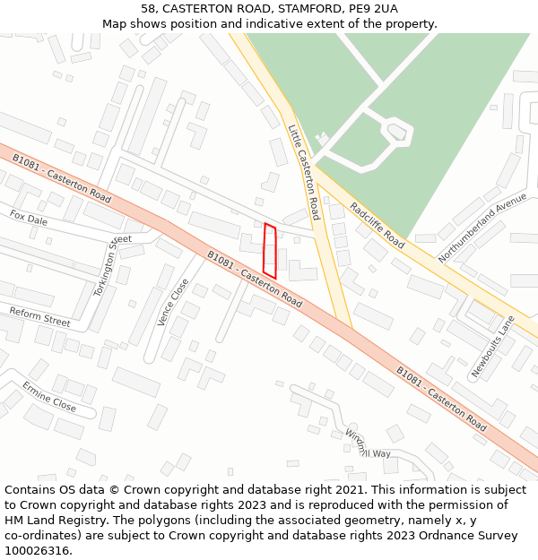 58, CASTERTON ROAD, STAMFORD, PE9 2UA: Location map and indicative extent of plot