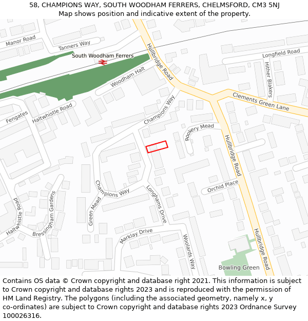 58, CHAMPIONS WAY, SOUTH WOODHAM FERRERS, CHELMSFORD, CM3 5NJ: Location map and indicative extent of plot