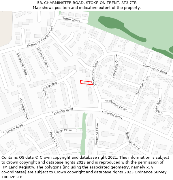 58, CHARMINSTER ROAD, STOKE-ON-TRENT, ST3 7TB: Location map and indicative extent of plot