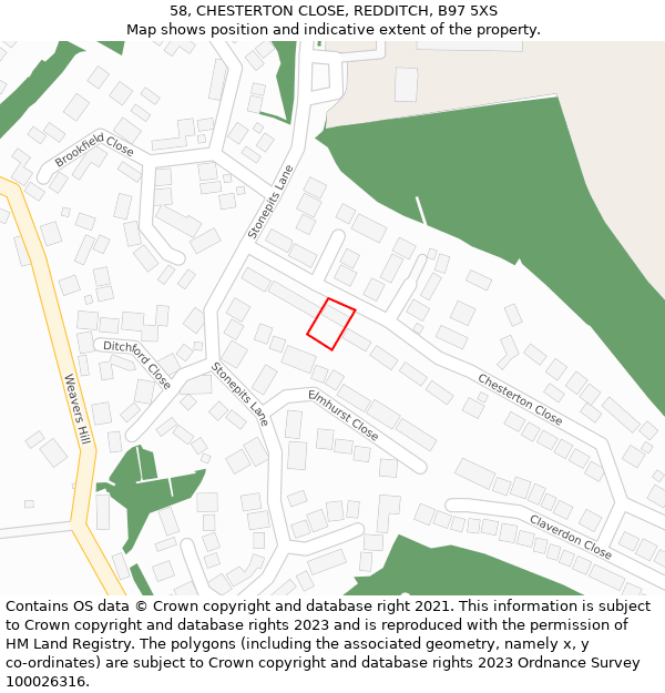 58, CHESTERTON CLOSE, REDDITCH, B97 5XS: Location map and indicative extent of plot