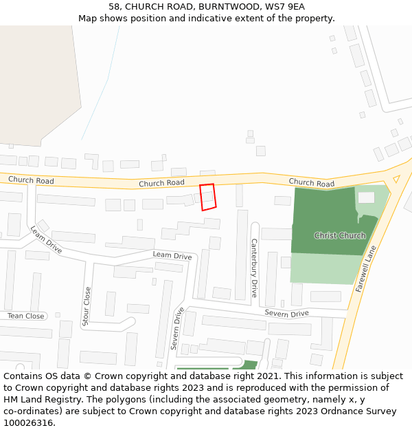 58, CHURCH ROAD, BURNTWOOD, WS7 9EA: Location map and indicative extent of plot
