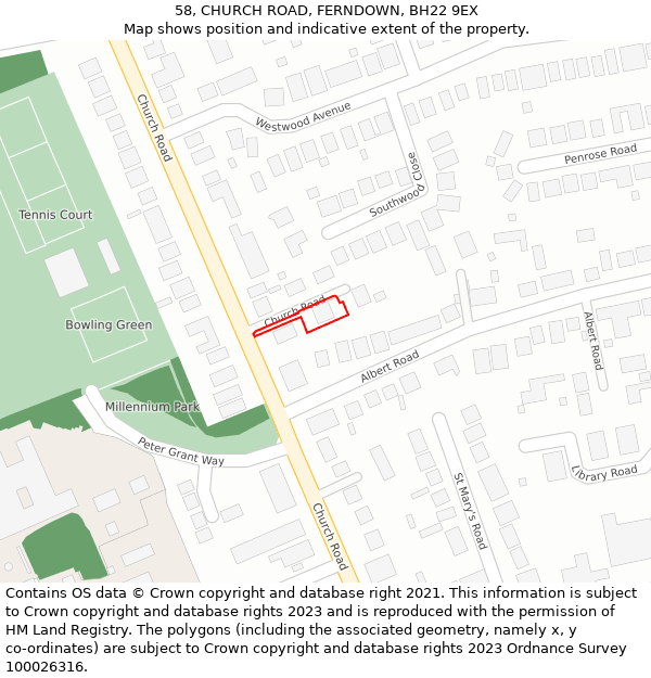 58, CHURCH ROAD, FERNDOWN, BH22 9EX: Location map and indicative extent of plot