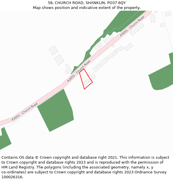58, CHURCH ROAD, SHANKLIN, PO37 6QY: Location map and indicative extent of plot