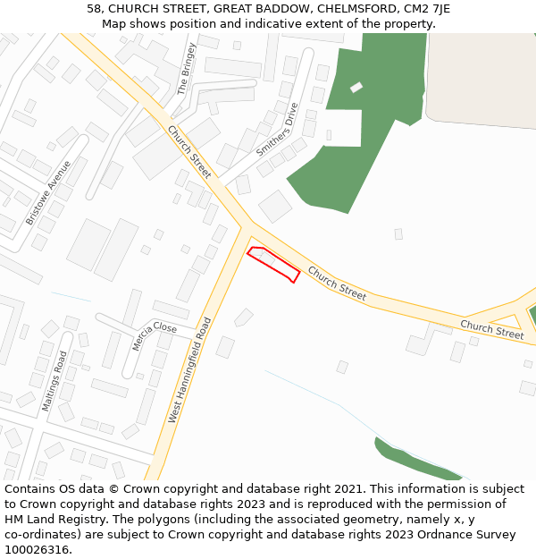 58, CHURCH STREET, GREAT BADDOW, CHELMSFORD, CM2 7JE: Location map and indicative extent of plot