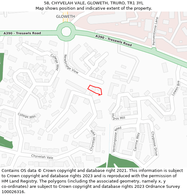 58, CHYVELAH VALE, GLOWETH, TRURO, TR1 3YL: Location map and indicative extent of plot